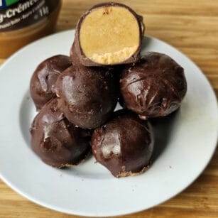 stacked peanut butter truffles showing texture from inside