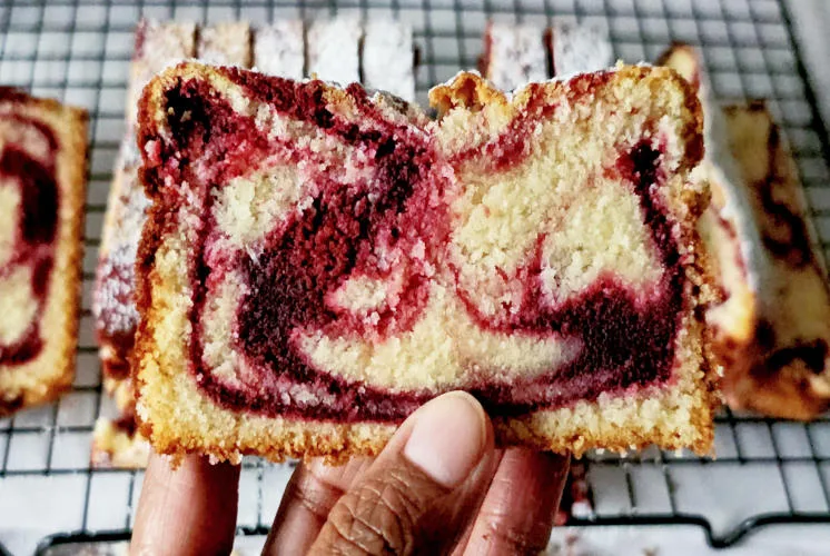 showing inside texture of Starbucks red velvet loaf