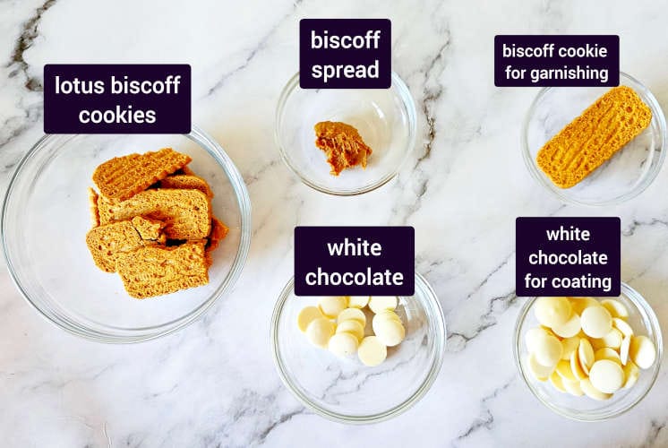 Biscoff truffle ingredients placed on marble surface