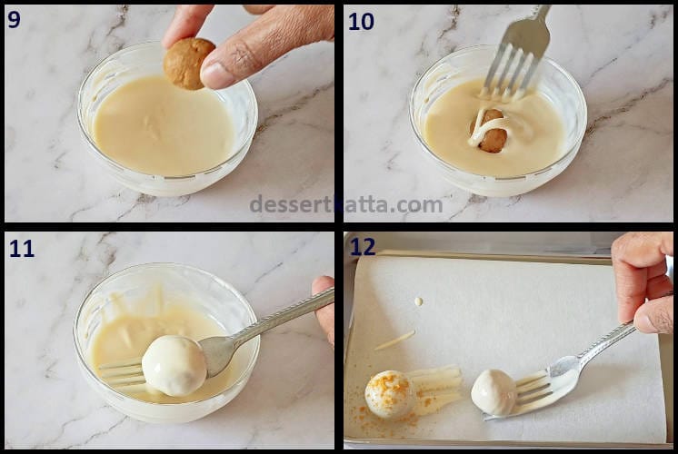 Biscoff truffles step by step recipe showing coating biscoff truffles with white chocolate