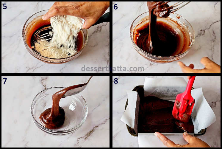 chocolate cheesecake brownie step by step recipe showing pouring brownie batter in the pan and keeping some brownie batter aside to create swirl effect