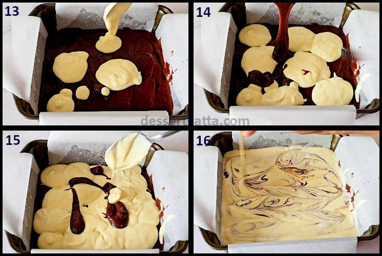 chocolate cheesecake brownie step by step recipe showing creation of swirl effect