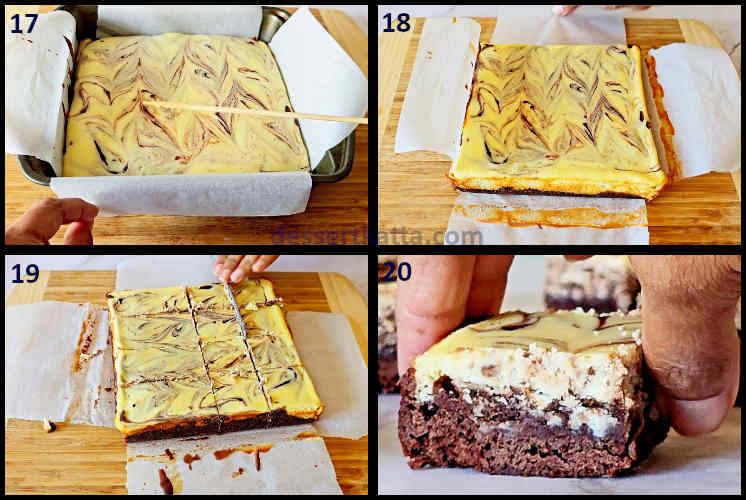 chocolate cheesecake brownie step by step recipe showing toothpick test, cutting and serving the brownies