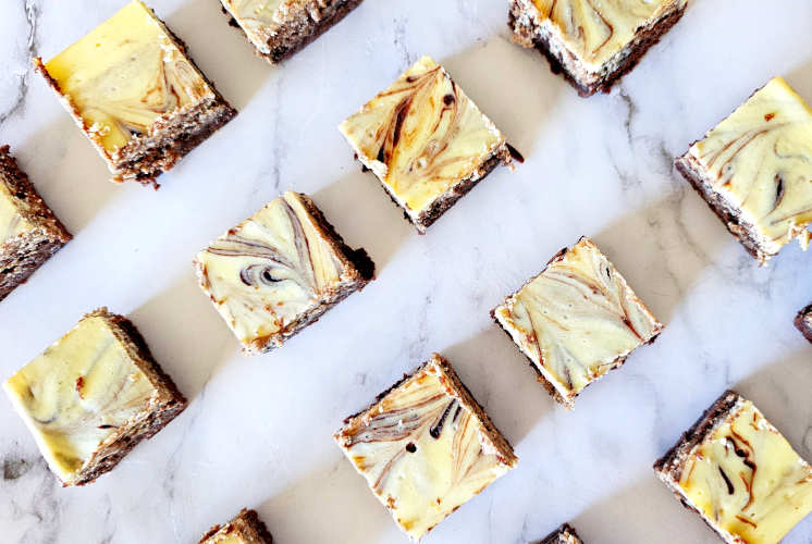 top shot of individual chocolate cheesecake brownies