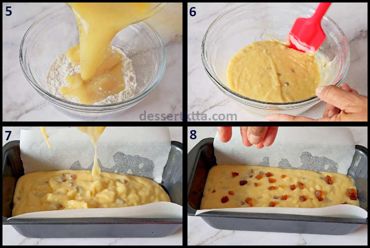 flavored fruits loaf cake step by step recipe showing preparation of loaf cake batter and pouring in the pan followed by adding remaining tutti frutti