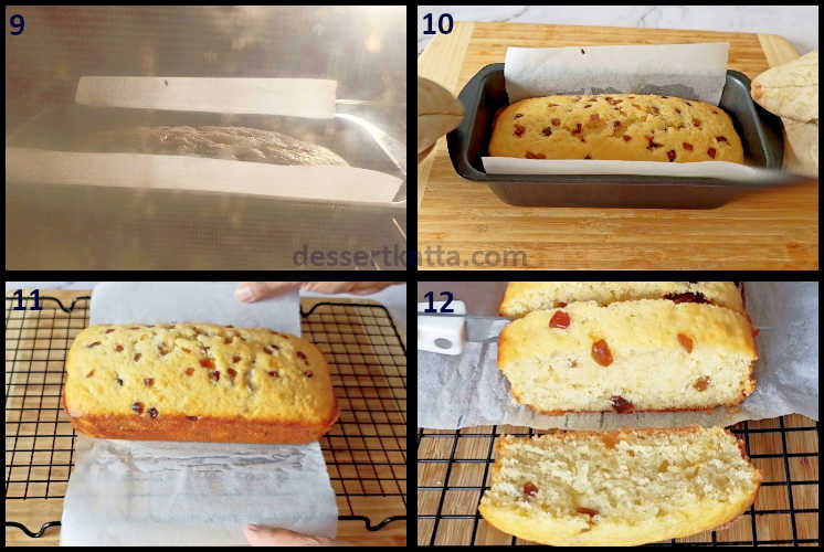 tutti frutti loaf cake step by step recipe showing baking loaf cake and cutting into slices