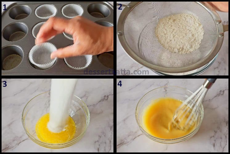 Vanilla muffin step by step recipe showing preparing the cupcake pan, sifting dry ingredients and combining wet ingredients