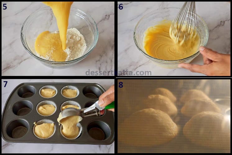 Vanilla muffin step by step recipe showing preparing the muffin batter and baking the vanilla muffins