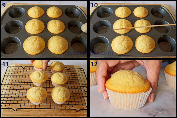 Vanilla muffin step by step recipe showing baked muffins, toothpick test and serving vanilla muffins