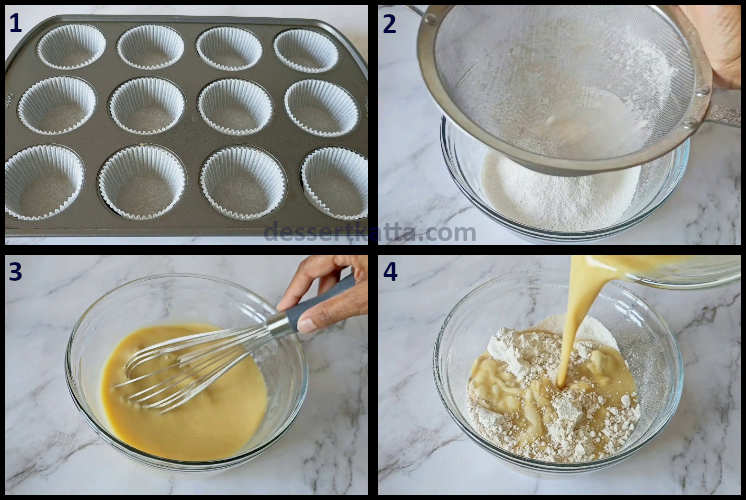 oatmeal muffins step by step showing combining dry and wet ingredients
