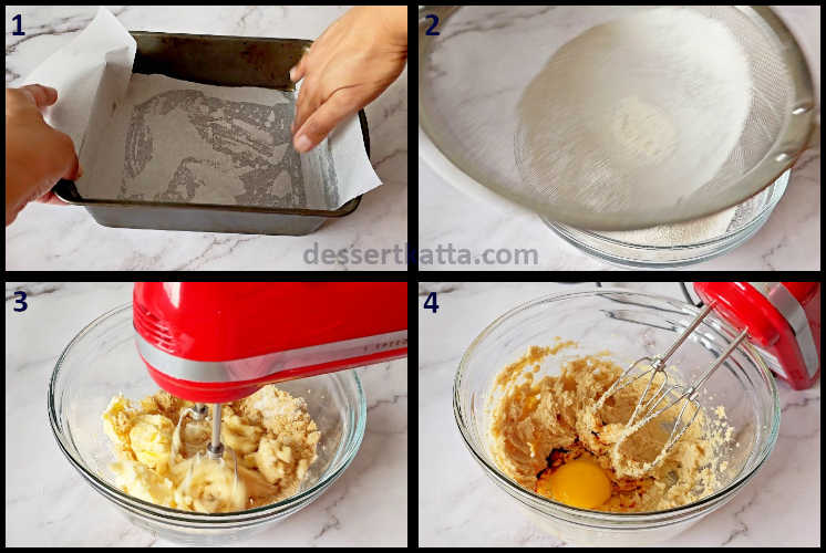 chocolate chip cookie bars step by step recipe showing preparation of the pan, sifting the ingredients, adding wet ingredients