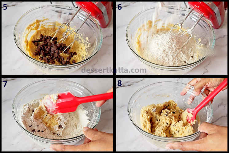 chocolate chip cookie bars step by step recipe showing combining dry and wet ingredients