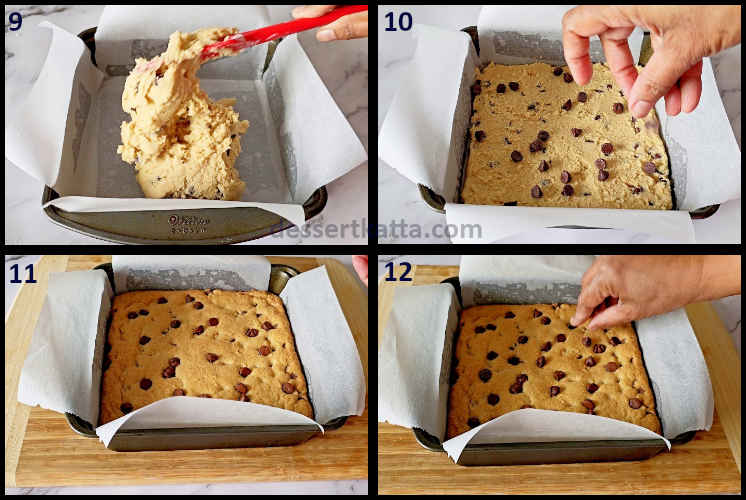 chocolate chip cookie bars step by step recipe showing adding the chocolate chip cookie bars to the pan, baking the cookie bars
