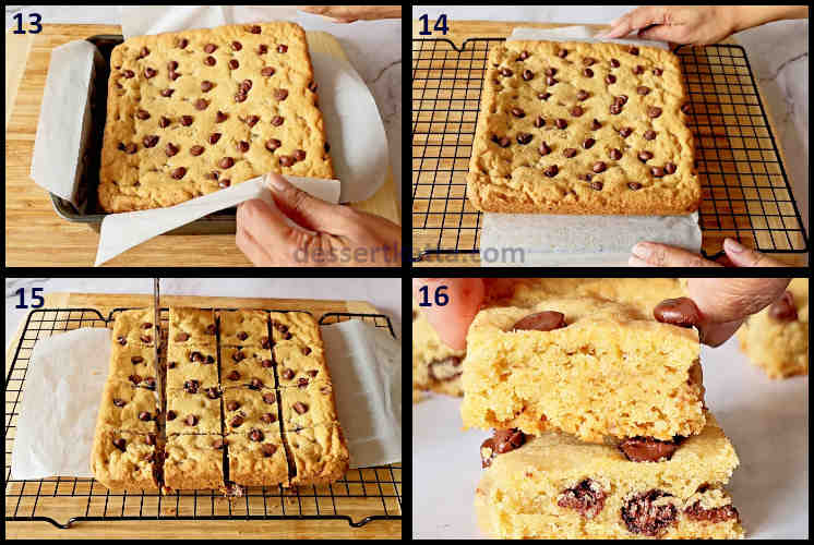 chocolate chip cookie bars step by step recipe showing baked chocolate chip cookie bars, cutting and serving the cookie bars