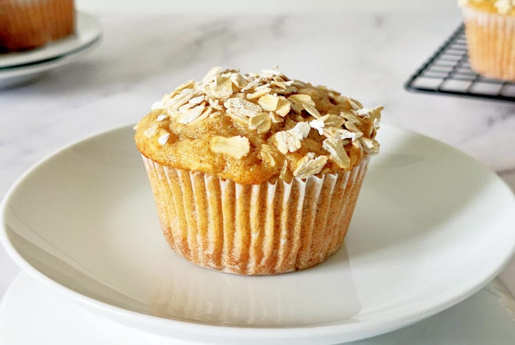 oatmeal muffin is placed in a white plate