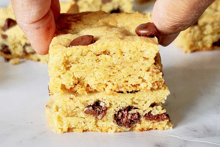 front shot of soft and chewy chocolate chip cookie bars