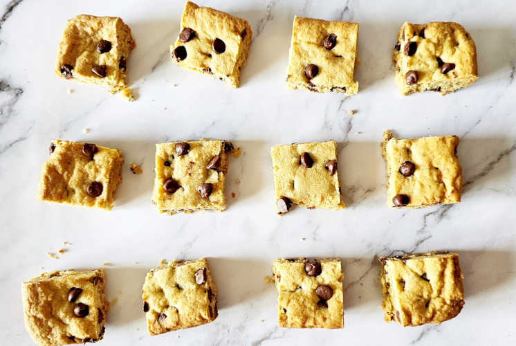 top shot of separate pieces of chocolate chip cookie bars