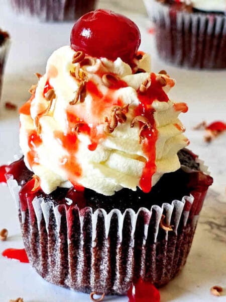 Black Forest Cupcakes Image and recipe by Sayali Bhave. Copyright : www.dessertkatta.com