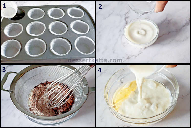 black forest cupcake step by step recipe showing preparation of tin, mixing dry and wet ingredients