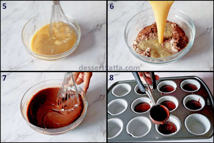 black forest cupcake step by step recipe showing combining dry and wet ingredients to prepare cupcake batter and pouring the cupcake batter to cupcake tin