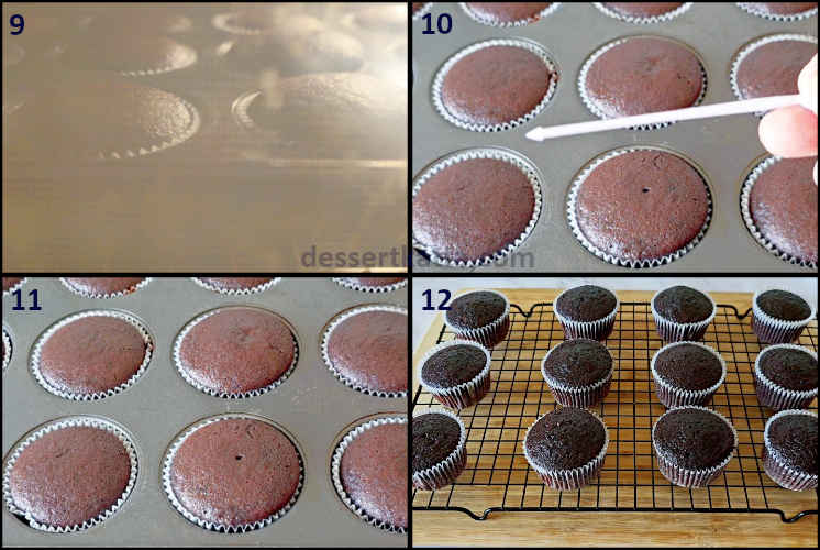 black forest cupcake step by step recipe showing baking the cupcakes, showing toothpick, cooling the cupcake