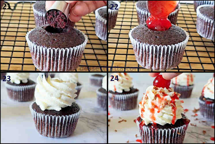 black forest cupcake step by step recipe showing assembling cupcakes