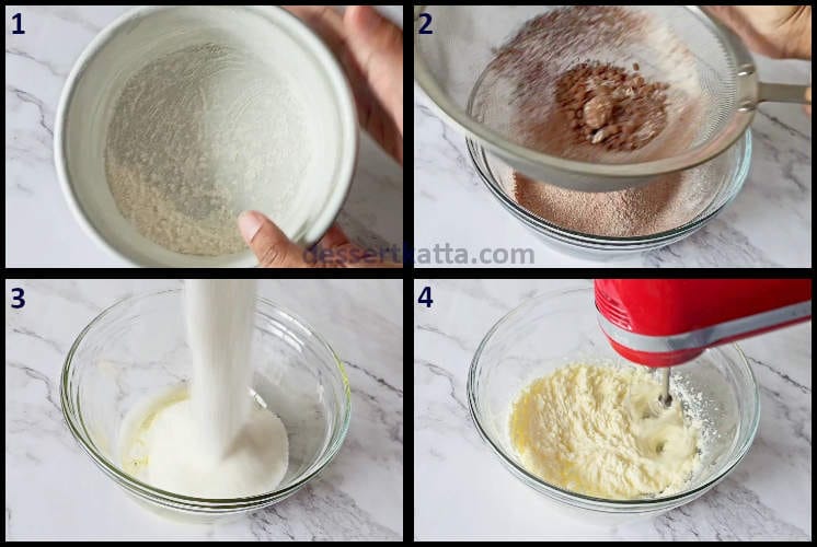 chocolate nutella cake step by step recipe showing sifting dry ingredients and creaming butter and sugar