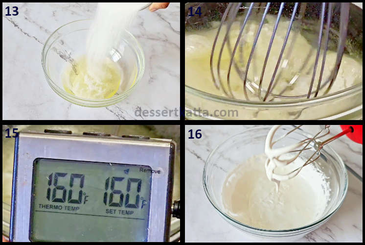 chocolate nutella cake step by step recipe showing making meringue for nutella buttercream frosting