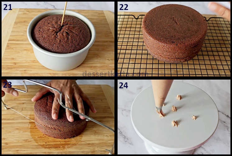 chocolate nutella cake step by step recipe showing cooling, slicing the chocolate cake and preparing table for assembling