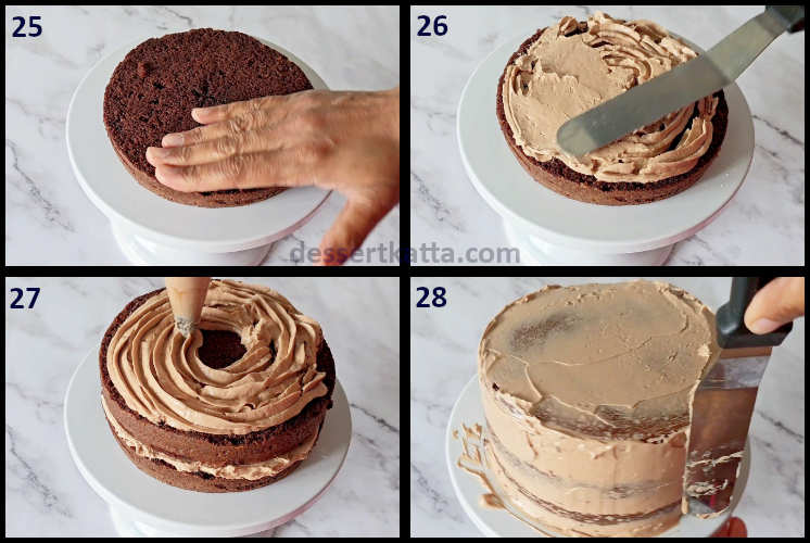 chocolate nutella cake step by step recipe showing crumb coating the cake with nutella frosting