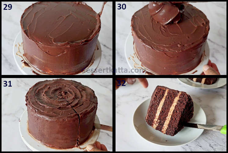 chocolate nutella cake step by step recipe showing frosting with chocolate ganache, cutting and serving the cake