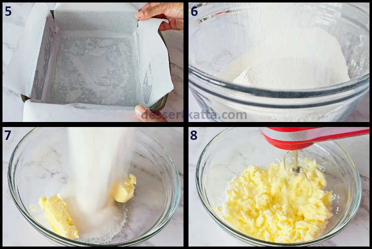coffee cake step by step recipe showing preparing the pan, sifting dry ingredients and creaming butter and sugar