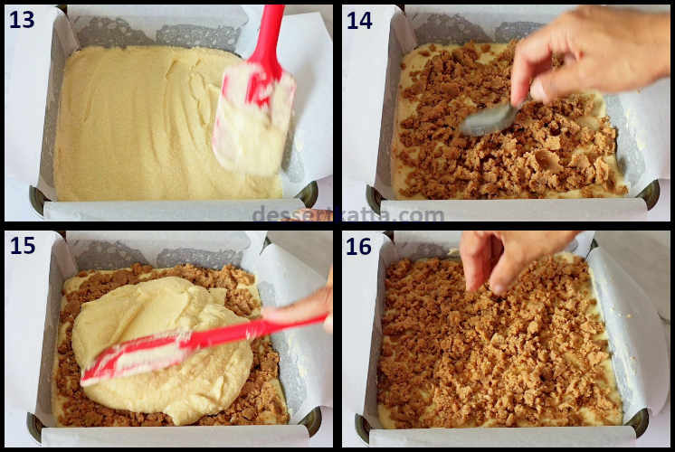 coffee cake step by step recipe showing arranging coffee cake batter with cinnamon streusel topping