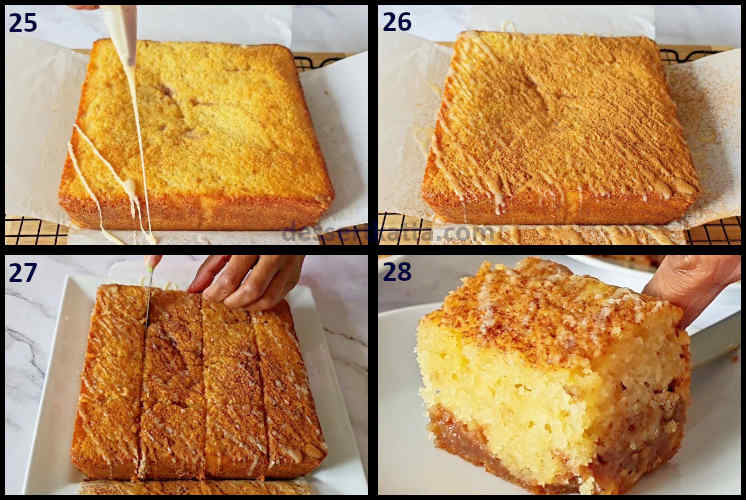 coffee cake step by step recipe showing garnishing coffee with vanilla glaze, cutting and serving