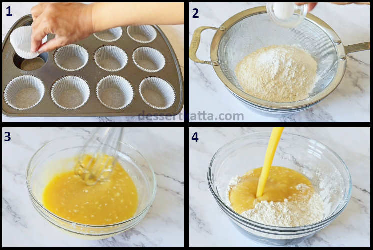 funfetti muffins step by step recipe showing preparation of the pan, mixing dry and wet ingredients