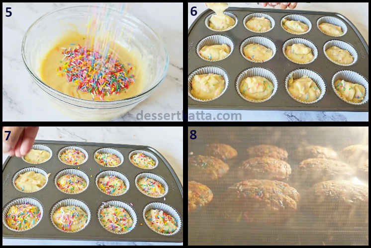 funfetti muffins step by step recipe showing preparation of muffin batter and baking the muffins