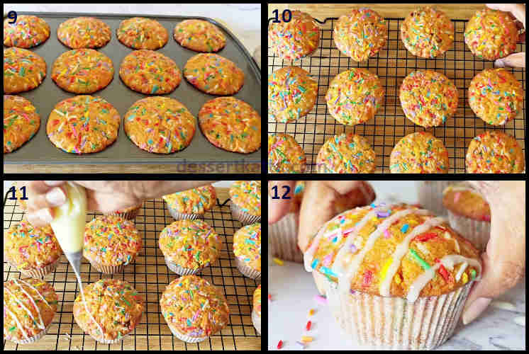 funfetti muffins step by step recipe showing cooling the muffins, garnishing with vanilla glaze, and serving the muffins