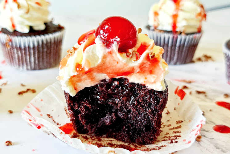 front shot of black forest cupcake showing inside texture