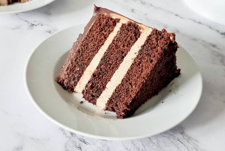 front shot of chocolate nutella cake placed on white plate