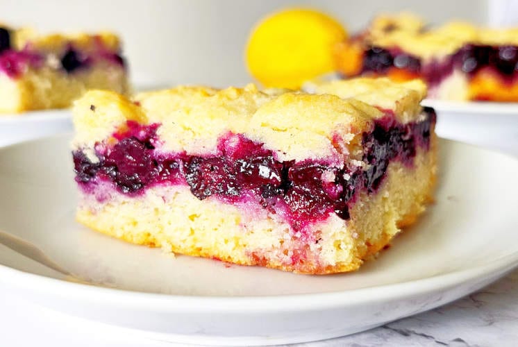 front shot of Lemon blueberry bar placed in a white plate with few more bars in the background