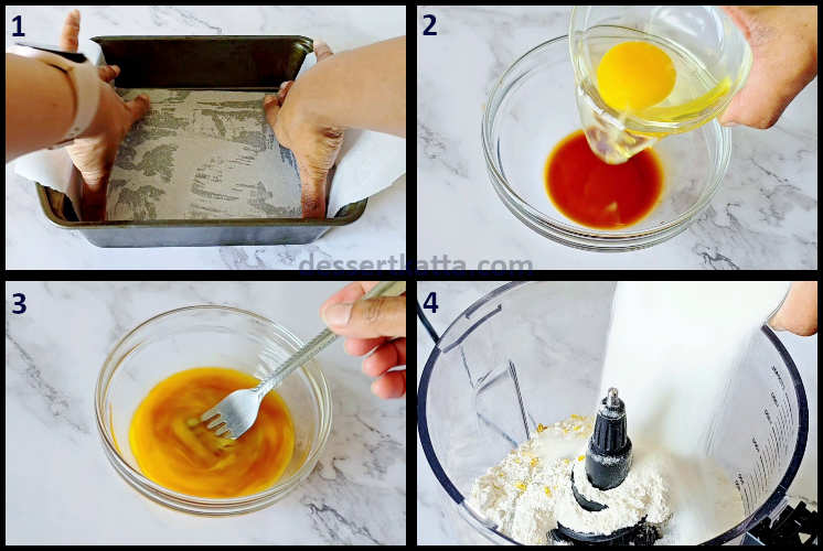 lemon blueberry bar step by step recipe showing preparing the pan and mixing dry ingredients, egg and vanilla