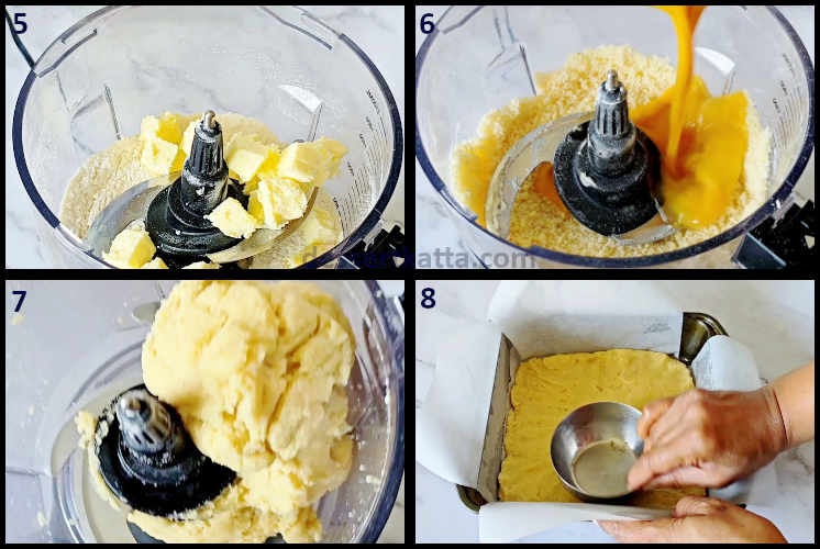 lemon blueberry bar step by step recipe showing combining dry ingredients with butter, egg, and vanilla mixture to form a dough and laying the dough in the pan