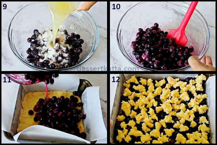 lemon blueberry bar step by step recipe showing preparing the blueberry mixture and laying the blueberry bars in the square pan