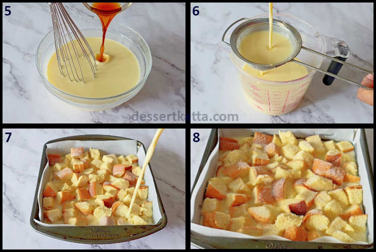 vanilla bread pudding step by step recipe showing sieving the custard mixture and soaking the bread with it