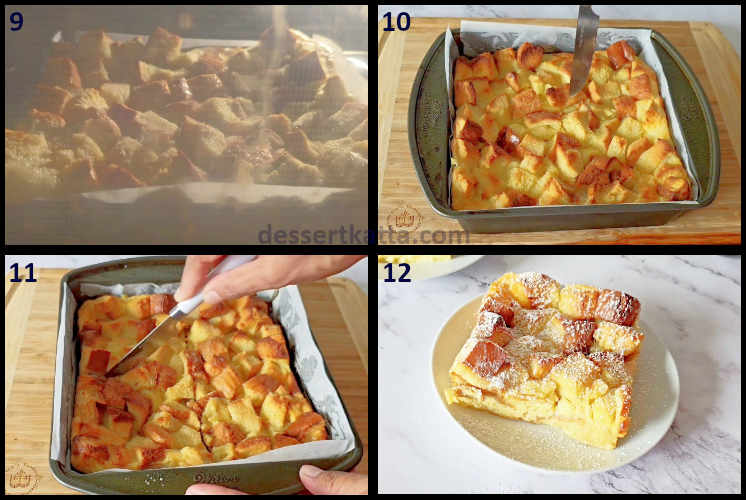 vanilla bread pudding step by step recipe showing baking the pudding and serving after dusting with powdered sugar