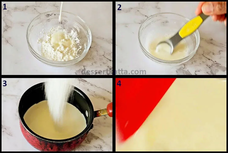 vanilla sauce step by step recipe showing preparing cornstarch slurry, heating milk and cream to dissolve sugar
