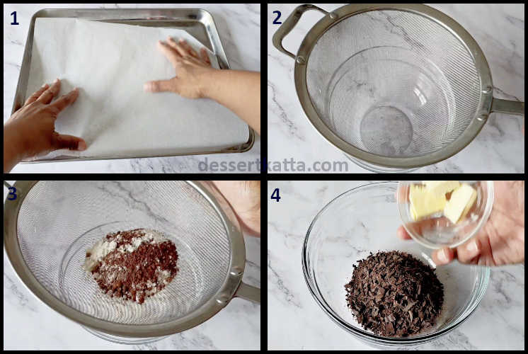 chocolate brownies cookies step by step recipe showing preparing the pan and sifting dry ingredients, combining chocolate and butter