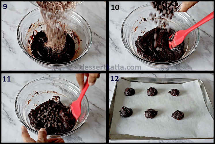 chocolate brownies cookies step by step recipe showing combining dry ingredient in chocolate batter, adding chocolate chips and dropping cookies on cookie sheet