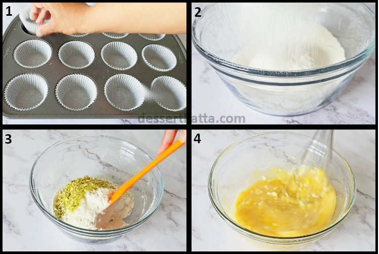 pistachio muffins step by step recipe showing preparing the pan and sifting dry ingredients and combining it with chopped pistachios. Also, mixing wet ingredients