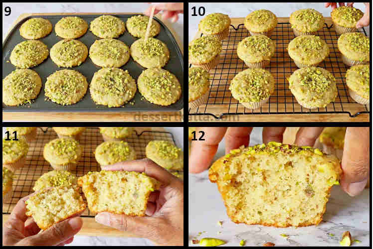 pistachio muffins step by step recipe showing toothpick test, cooling and serving the muffins